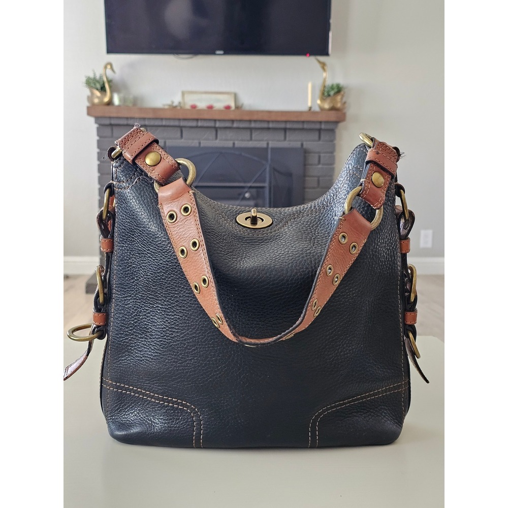 Vintage Coach Chelsea Turnlock Hobo Shoulder Bag Black Tan Brass turnlock